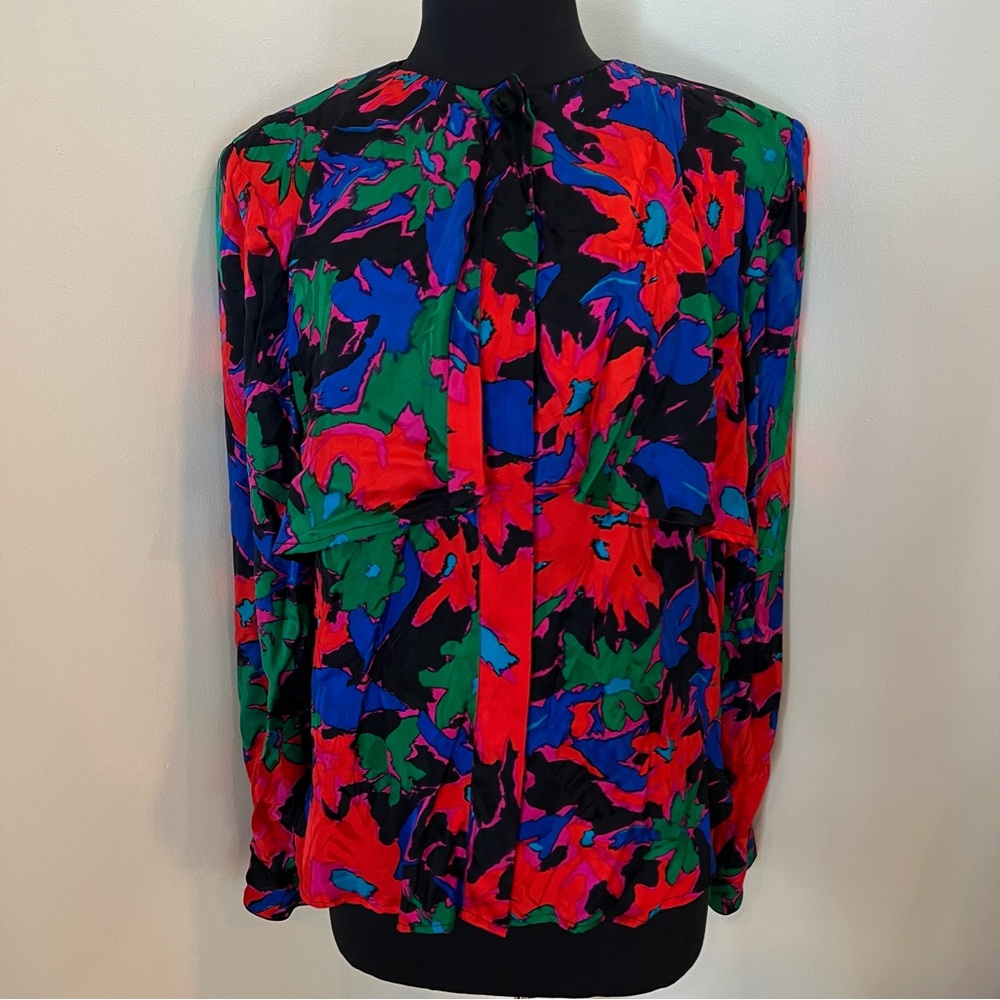 Flora Kung II Silk Floral Painter Blouse Bold 80s Vintage Sz 14 Maximalist